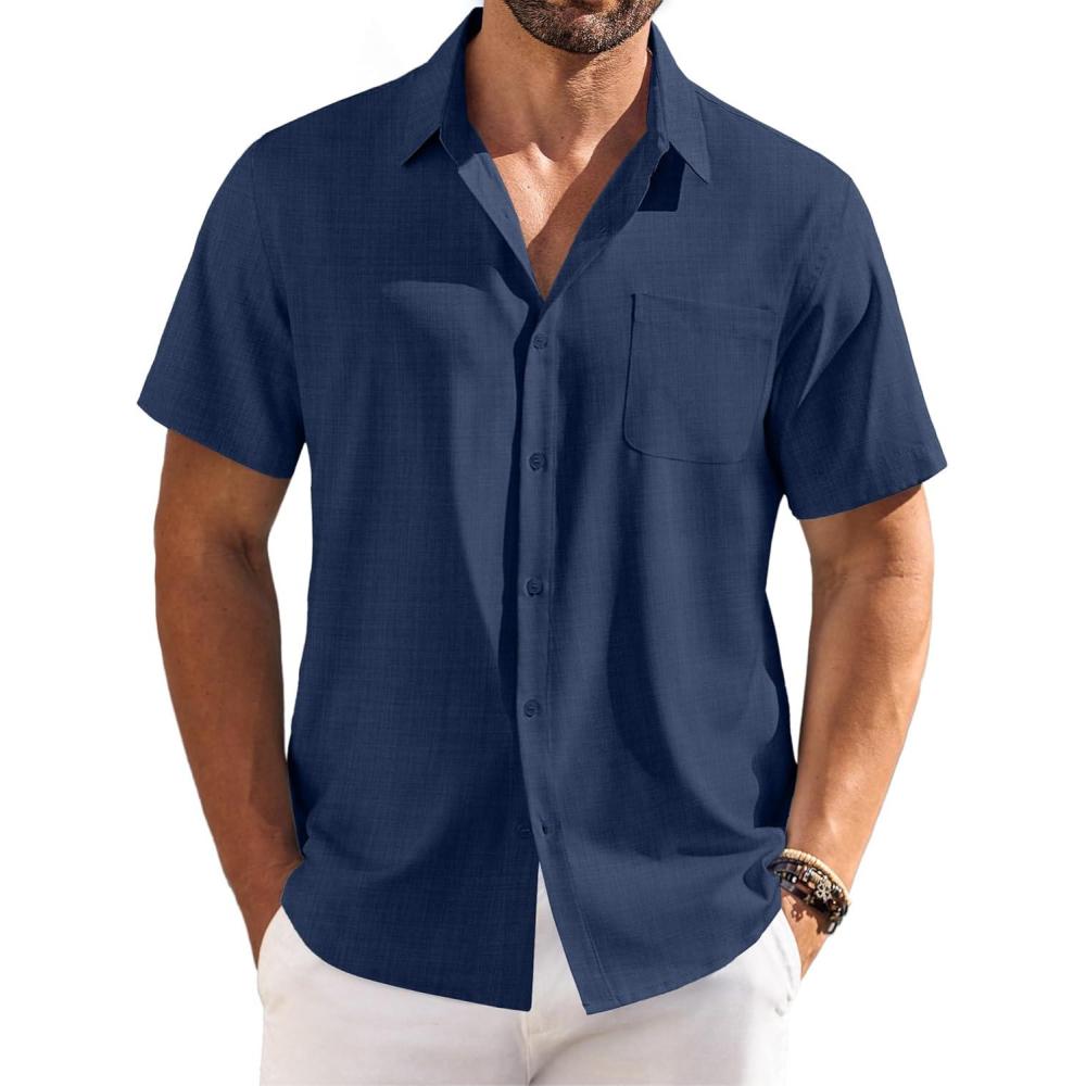 imageCOOFANDY Shirts for Men Short Sleeve Button Down Shirt Casual Summer Beach ShirtsNavy Blue