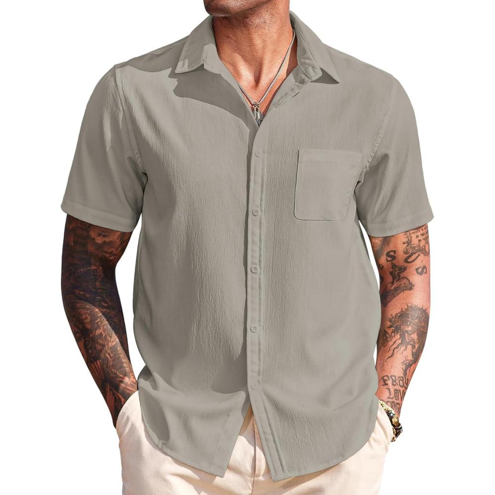 imageCOOFANDY Shirts for Men Short Sleeve Button Down Shirt Casual Summer Beach ShirtsQuiet Gray