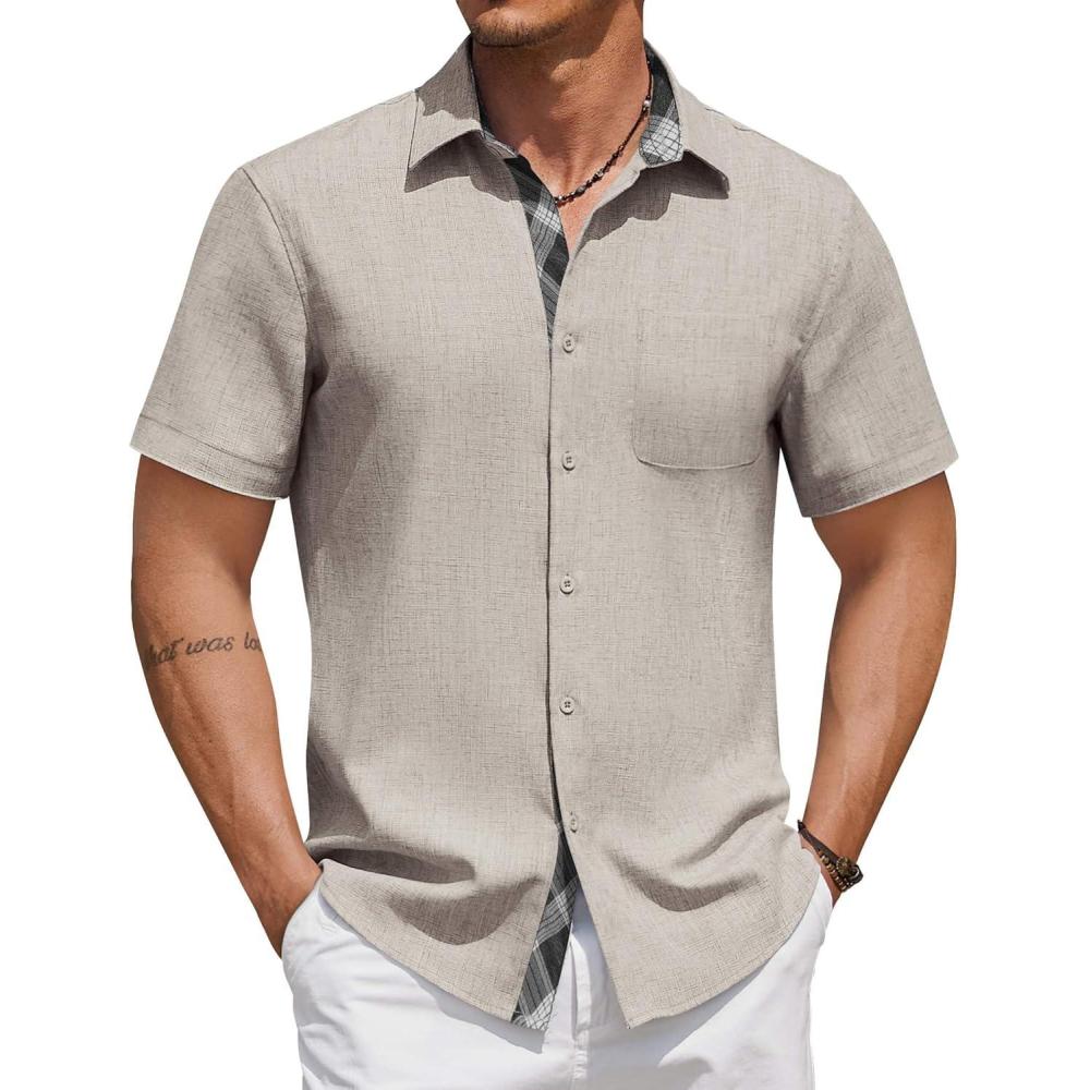 imageCOOFANDY Shirts for Men Short Sleeve Button Down Shirt Casual Summer Beach ShirtsStone