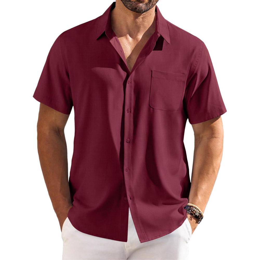 imageCOOFANDY Shirts for Men Short Sleeve Button Down Shirt Casual Summer Beach ShirtsWine Red