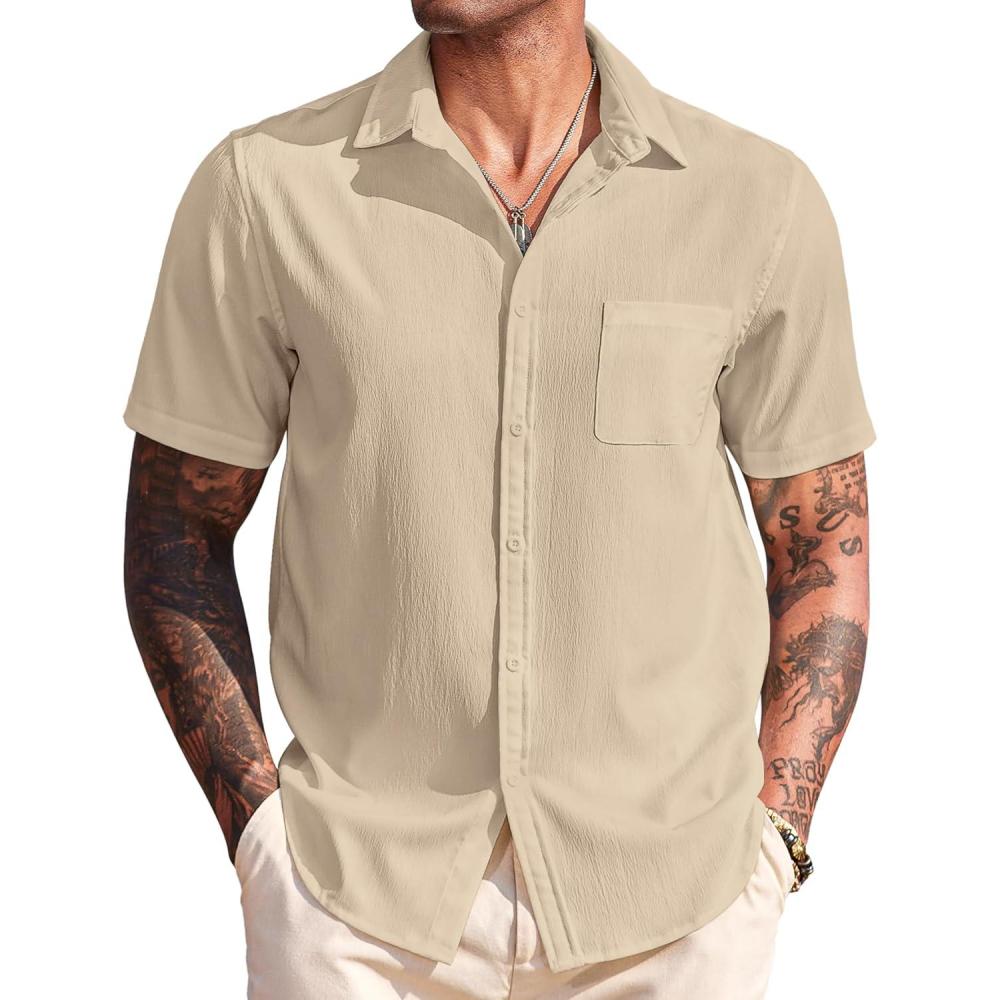 imageCOOFANDY Shirts for Men Short Sleeve Button Down Shirt Casual Summer Beach ShirtsWood Ash