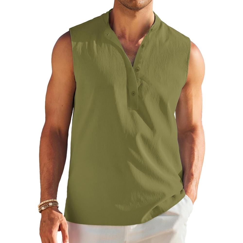 imageCOOFANDY Sleeveless Beach Shirts for Men Summer Tank Shirts Casual Henley Tank TopArmy Green