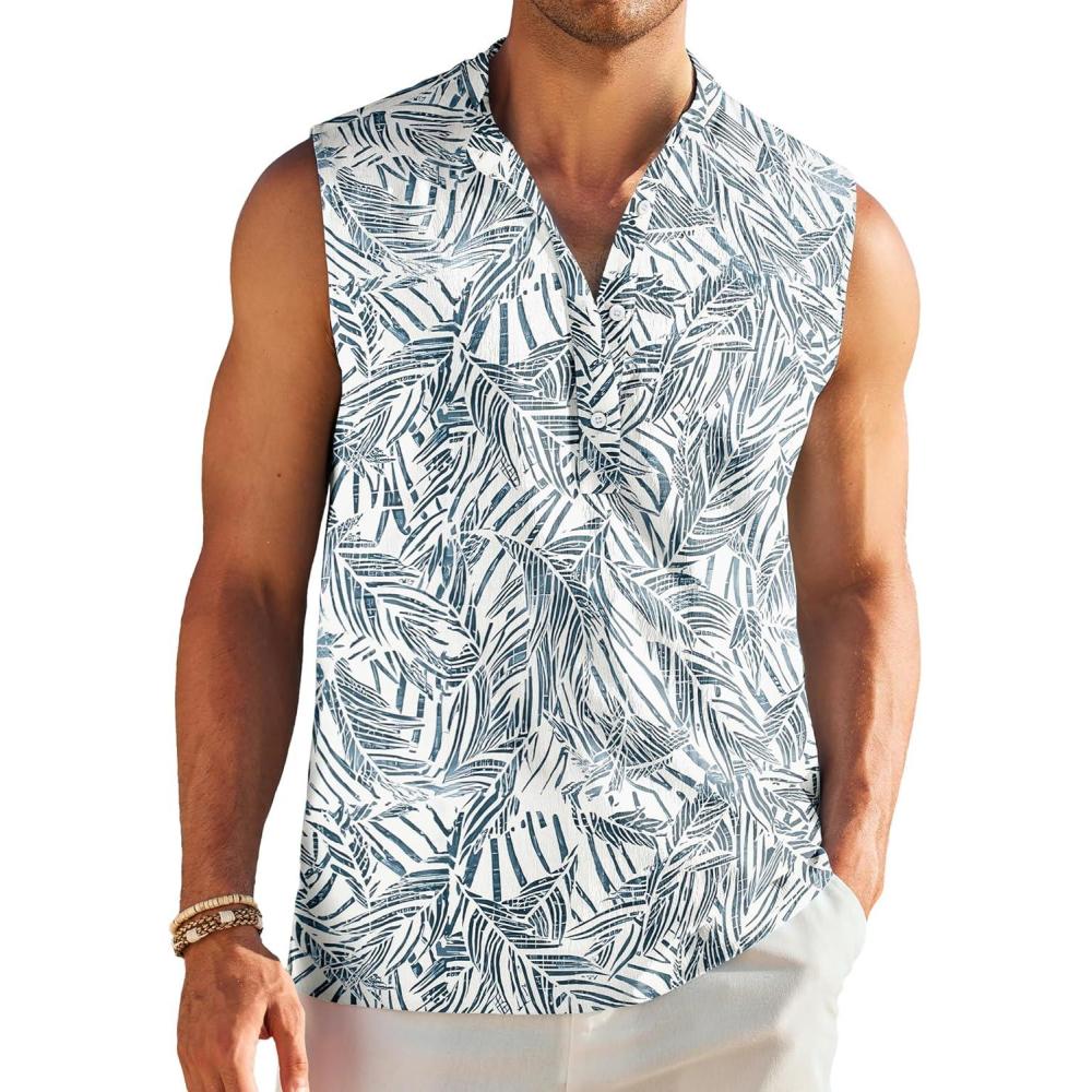 imageCOOFANDY Sleeveless Beach Shirts for Men Summer Tank Shirts Casual Henley Tank TopBlue Leaves