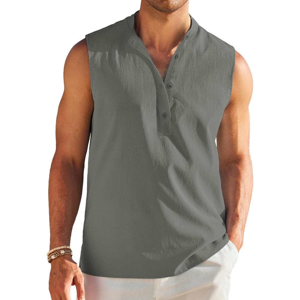imageCOOFANDY Sleeveless Beach Shirts for Men Summer Tank Shirts Casual Henley Tank TopDark Grey