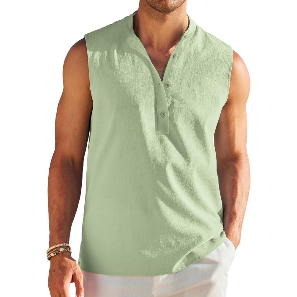 imageCOOFANDY Sleeveless Beach Shirts for Men Summer Tank Shirts Casual Henley Tank TopLgiht Green