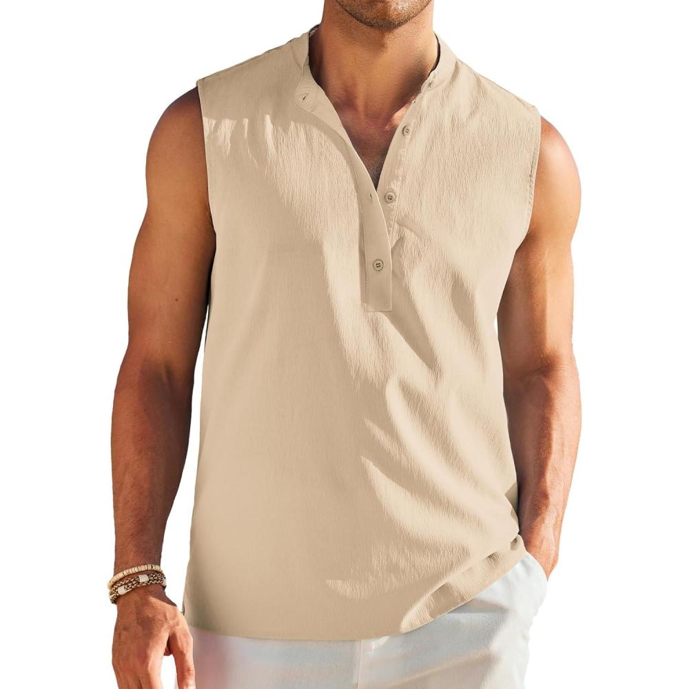 imageCOOFANDY Sleeveless Beach Shirts for Men Summer Tank Shirts Casual Henley Tank TopLight Brown