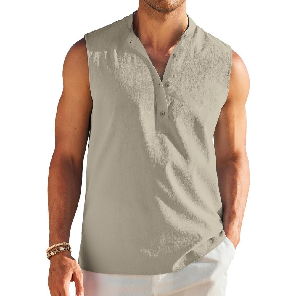 imageCOOFANDY Sleeveless Beach Shirts for Men Summer Tank Shirts Casual Henley Tank TopLight Grey