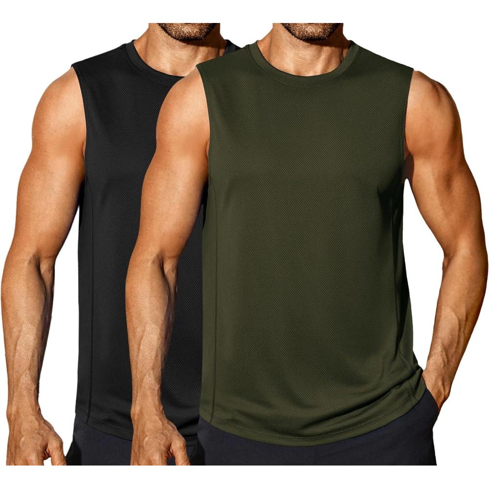 imageCOOFANDY Sleeveless Muscle Shirts for Men Dry Fit Workout Gym Tank Tops Summer Swim Beach ShirtBlackArmy Green