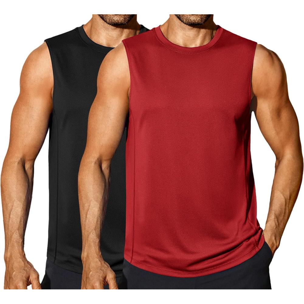 imageCOOFANDY Sleeveless Muscle Shirts for Men Dry Fit Workout Gym Tank Tops Summer Swim Beach ShirtBlackRed
