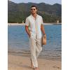 COOFANDY Men 2 Piece Linen Outfit Beach Button Down Shirt Casual Loose Pant Sets(Khaki Patchwork White Shirt/Khaki Pants)