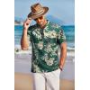 COOFANDY Men Casual Henley Tee Shirt Short Sleeve Band Collar Summer Beach Textured T-Shirt(Dark Green Beige Coconut Leaves)