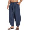 COOFANDY Men Hippie Harem Pants Baggy Linen Cotton Boho Yoga Pants Summer Beach Pants Casual Drop Crotch Trouser(Navy Blue)