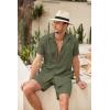 COOFANDY Men Linen Sets Outfits 2 Piece Short Sleeve Cuban Shirts Guayabera Linen Suit(Army Green)