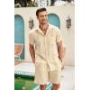 COOFANDY Men Linen Sets Outfits 2 Piece Short Sleeve Cuban Shirts Guayabera Linen Suit(Khaki)