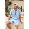 COOFANDY Men Linen Sets Outfits 2 Piece Short Sleeve Cuban Shirts Guayabera Linen Suit(Light Blue)