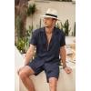 COOFANDY Men Linen Sets Outfits 2 Piece Short Sleeve Cuban Shirts Guayabera Linen Suit(Navy Blue)