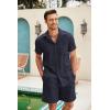 COOFANDY Men Linen Sets Outfits 2 Piece Short Sleeve Cuban Shirts Guayabera Linen Suit(Navy Blue)