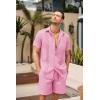 COOFANDY Men Linen Sets Outfits 2 Piece Short Sleeve Cuban Shirts Guayabera Linen Suit(Pink)
