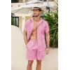 COOFANDY Men Linen Sets Outfits 2 Piece Short Sleeve Cuban Shirts Guayabera Linen Suit(Pink)
