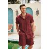 COOFANDY Men Linen Sets Outfits 2 Piece Short Sleeve Cuban Shirts Guayabera Linen Suit(Wine Red)