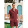COOFANDY Men Linen Sets Outfits 2 Piece Short Sleeve Cuban Shirts Guayabera Linen Suit(Wine Red)