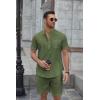 COOFANDY Men’s 2 Piece Cotton Linen Sets Summer Beach Outfits Casual Short Sleeve Henley Shirts and Vacation Shorts(Army Green)