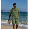 COOFANDY Men’s 2 Piece Cotton Linen Sets Summer Beach Outfits Casual Short Sleeve Henley Shirts and Vacation Shorts(Army Green)
