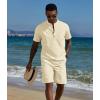 COOFANDY Men’s 2 Piece Cotton Linen Sets Summer Beach Outfits Casual Short Sleeve Henley Shirts and Vacation Shorts(Beige)