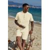 COOFANDY Men’s 2 Piece Cotton Linen Sets Summer Beach Outfits Casual Short Sleeve Henley Shirts and Vacation Shorts(Beige)