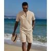 COOFANDY Men’s 2 Piece Cotton Linen Sets Summer Beach Outfits Casual Short Sleeve Henley Shirts and Vacation Shorts(Khaki)