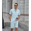 COOFANDY Men’s 2 Piece Cotton Linen Sets Summer Beach Outfits Casual Short Sleeve Henley Shirts and Vacation Shorts(Light Blue)