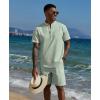 COOFANDY Men’s 2 Piece Cotton Linen Sets Summer Beach Outfits Casual Short Sleeve Henley Shirts and Vacation Shorts(Light Green)