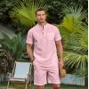 COOFANDY Men’s 2 Piece Cotton Linen Sets Summer Beach Outfits Casual Short Sleeve Henley Shirts and Vacation Shorts(Light Pink)