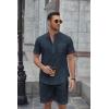 COOFANDY Men’s 2 Piece Cotton Linen Sets Summer Beach Outfits Casual Short Sleeve Henley Shirts and Vacation Shorts(Navy Blue)