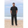 COOFANDY Men’s 2 Piece Cotton Sets Casual Short Sleeve Henley Shirts and Beach Pants with Pockets Summer Vacation Outfits(Black)