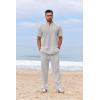 COOFANDY Men’s 2 Piece Cotton Sets Casual Short Sleeve Henley Shirts and Beach Pants with Pockets Summer Vacation Outfits(Light Grey)