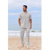 COOFANDY Men’s 2 Piece Cotton Sets Casual Short Sleeve Henley Shirts and Beach Pants with Pockets Summer Vacation Outfits(Light Grey)