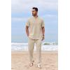 COOFANDY Men’s 2 Piece Cotton Sets Casual Short Sleeve Henley Shirts and Beach Pants with Pockets Summer Vacation Outfits(Light Khaki)