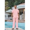 COOFANDY Men’s 2 Piece Cotton Sets Casual Short Sleeve Henley Shirts and Beach Pants with Pockets Summer Vacation Outfits(Pink)