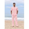COOFANDY Men’s 2 Piece Cotton Sets Casual Short Sleeve Henley Shirts and Beach Pants with Pockets Summer Vacation Outfits(Pink)