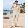 COOFANDY Men’s 2 Piece Linen Set Long Sleeve Henley Shirts Casual Beach Pants With Pockets Summer Yoga Outfits(Beige)