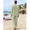 COOFANDY Men’s 2 Piece Linen Set Long Sleeve Henley Shirts Casual Beach Pants With Pockets Summer Yoga Outfits(Light Green)