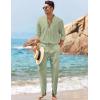 COOFANDY Men’s 2 Piece Linen Set Long Sleeve Henley Shirts Casual Beach Pants With Pockets Summer Yoga Outfits(Light Green)