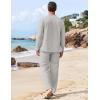 COOFANDY Men’s 2 Piece Linen Set Long Sleeve Henley Shirts Casual Beach Pants With Pockets Summer Yoga Outfits(Light Grey)
