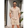 COOFANDY Men’s 2 Piece Outfit Vintage Short Sleeve Button Down Knit Polo Shirts Casual Beach Shorts Sets(01-light Khaki)