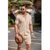 COOFANDY Men’s 2 Piece Outfit Vintage Short Sleeve Button Down Knit Polo Shirts Casual Beach Shorts Sets(01-light Khaki)