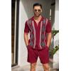 COOFANDY Men’s 2 Piece Outfit Vintage Short Sleeve Button Down Knit Polo Shirts Casual Beach Shorts Sets(Argyle-red)