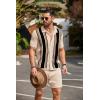 COOFANDY Men’s 2 Piece Outfit Vintage Short Sleeve Button Down Knit Polo Shirts Casual Beach Shorts Sets(Black Stripe)