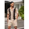 COOFANDY Men’s 2 Piece Outfit Vintage Short Sleeve Button Down Knit Polo Shirts Casual Beach Shorts Sets(Black Stripe)