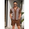 COOFANDY Men’s 2 Piece Outfit Vintage Short Sleeve Button Down Knit Polo Shirts Casual Beach Shorts Sets(Brown)